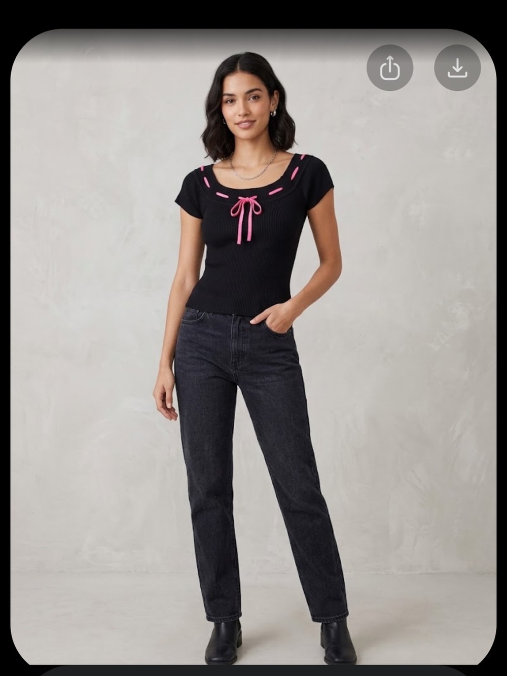 Black Short-Sleeve Knit Top with removable/replaceable pink tie